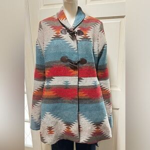 Cedar Rose Southwestern Toggle Coat in Teal, Red & Cream Size Small